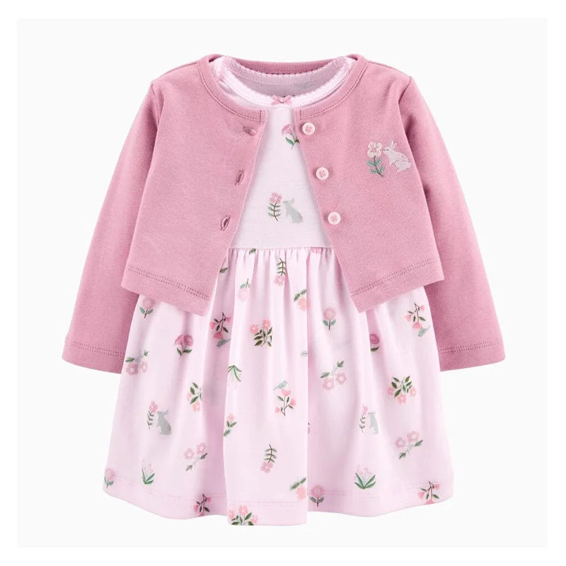Infant Baby Girls Bodysuit Dress Cotton Floral Baby Girls Long-Sleeved Coat+Short SLeeve Dress 2Pieces Baby Girls Clothes sets