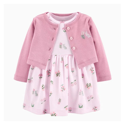 Infant Baby Girls Bodysuit Dress Cotton Floral Baby Girls Long-Sleeved Coat+Short SLeeve Dress 2Pieces Baby Girls Clothes sets