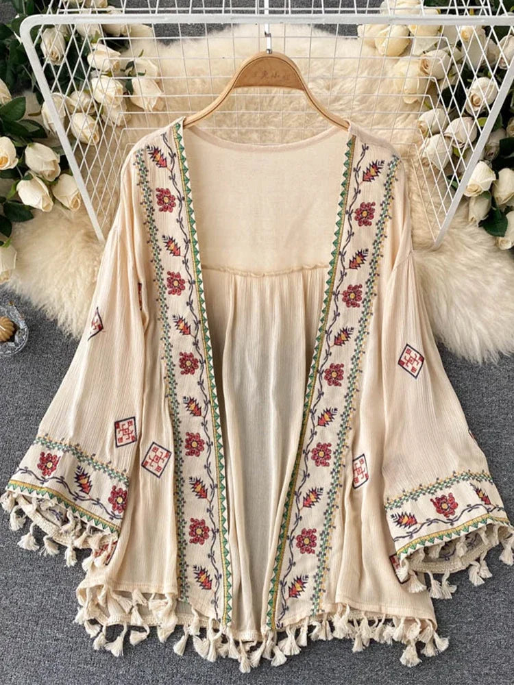 Summer Women's Shirt Bohemian Holiday Style Embroidered Tassel Chiffon Cardigan New Waist Female Slim Short Tops - AMULET RING STORE