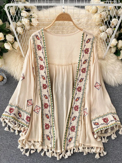 Summer Women's Shirt Bohemian Holiday Style Embroidered Tassel Chiffon Cardigan New Waist Female Slim Short Tops - AMULET RING STORE