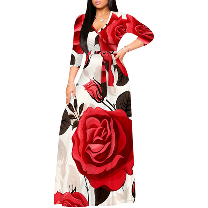 Floral V-Neck 3/4 Sleeve Wrap Maxi Dress with Belt - Women's Bold Elegant Party Evening Resortwear Date Night