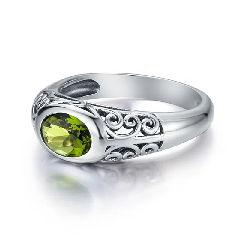 Retro Real 925 Sterling Silver Peridot Rings For Women 6*8mm Oval Gemstones Wedding Enagement Famous Brand Jewelry