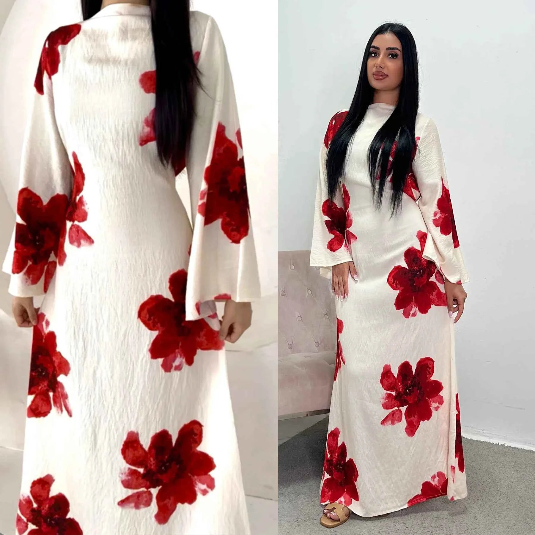 Arabesque Bell Sleeve Flowy Maxi Abaya Dress Elegant Floral Print Muslim Modest Long Dress Islamic Vacation Outfit Summer Robe