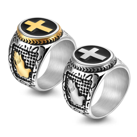 Vintage Titanium Steel Prayer Hand Cross Ring - Punk Style