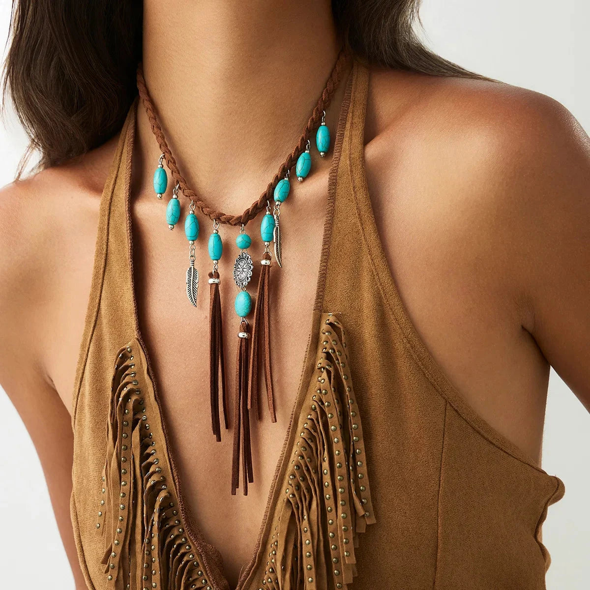 Ethnic Style Women Leaf Choker Woven Rope Leather Tassel Turquoise Stone Necklace Feather Pendant Retro Bohemian Necklace - AMULET RING STORE