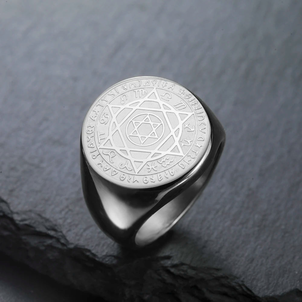 Dawapara Talisman Seal Solomon Ring Hexagram 12 Constellation Kabbalah Prosperity Good Health Amulet Stainless Steel Jewelry - AMULET RING STORE