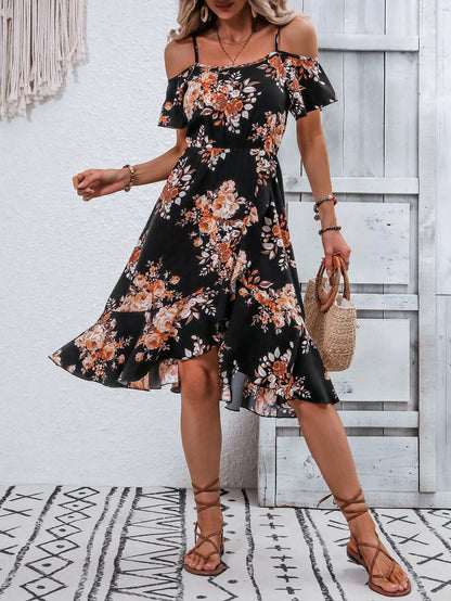 Summer women's printed off shoulder slit camisole irregular skirt shape women's elegant dress with temperament - AMULET RING STORE