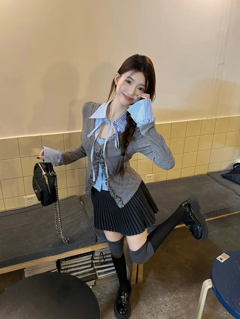 Preppy Style Striped Contrast Slim Lacing Tops Women Clothing Spring Autumn New Long Sleeve Patchwork Korean Shirt Tops Fashion