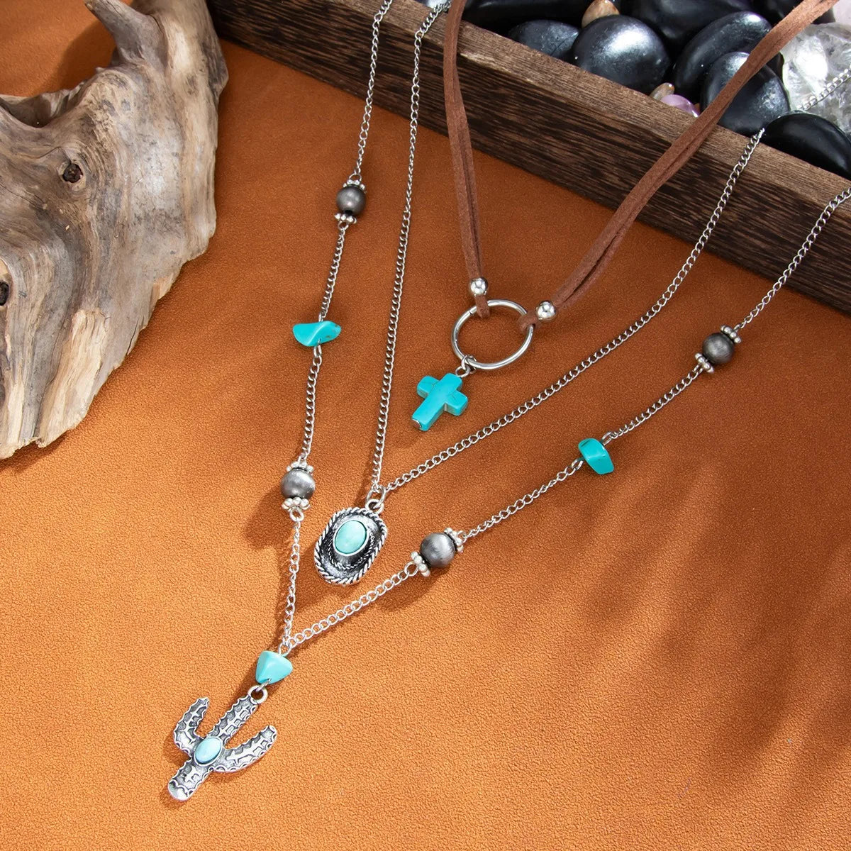 Ethnic Style Women Leaf Choker Woven Rope Leather Tassel Turquoise Stone Necklace Feather Pendant Retro Bohemian Necklace - AMULET RING STORE