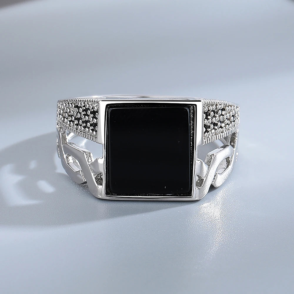 Silver Jewelry Ring Natural Oval Rectangle Big Black Agate Stone Vintage Ring For Women Party Anniversary Gifts Fine Jewelry