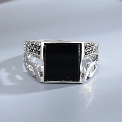 Silver Jewelry Ring Natural Oval Rectangle Big Black Agate Stone Vintage Ring For Women Party Anniversary Gifts Fine Jewelry