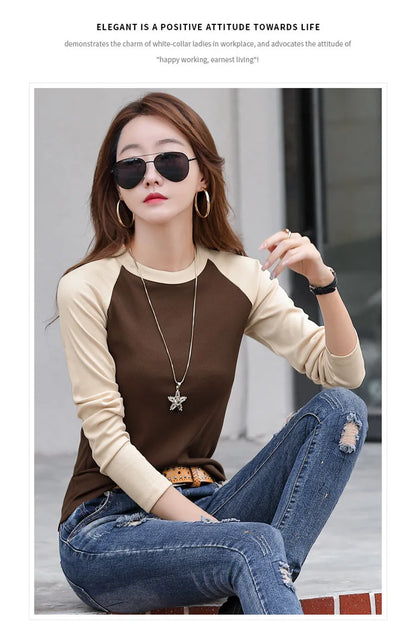 Cotton Slim T Shirt Women Contrast Color Womens Shirt Korean Fashion Clothing Long Sleeve Top 2024 Spring Autumn Tee Shirt Femme