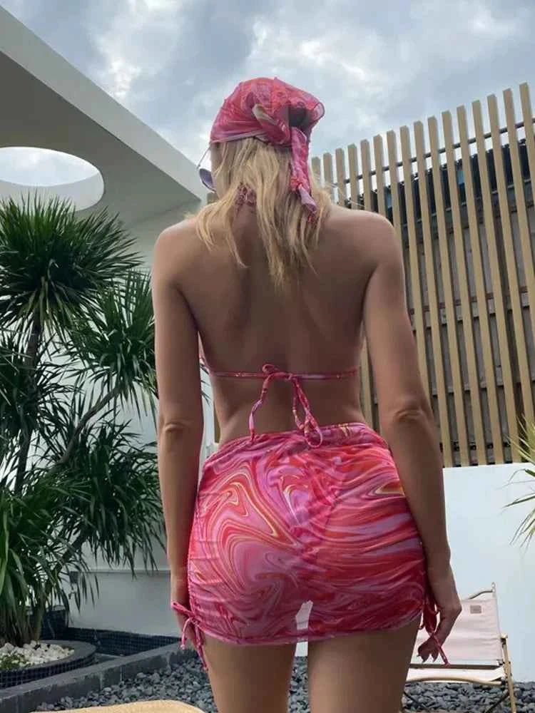 2024 New Wave Print Swimsuit Sexy Bathing Suits 4 Piece Bikinis Beach Sarong Micro Thong Swimwear Women Beachwear