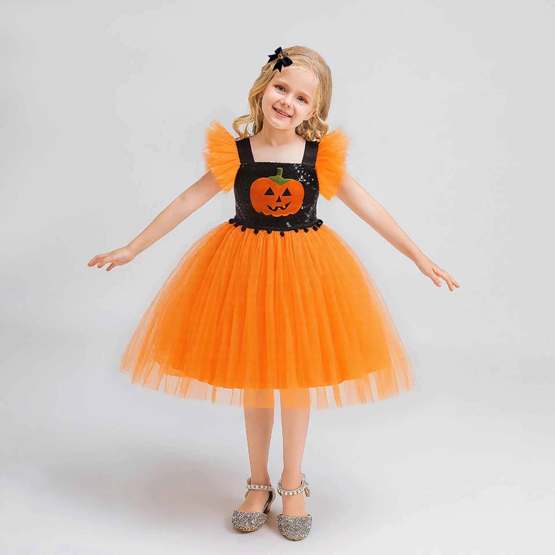 Baby Girl Halloween Costume 0-3 Yrs Little Girl Fantasy Dress Children Pumpkin Skeleton Print Fluffy Gown Kids Cute Orange Frock