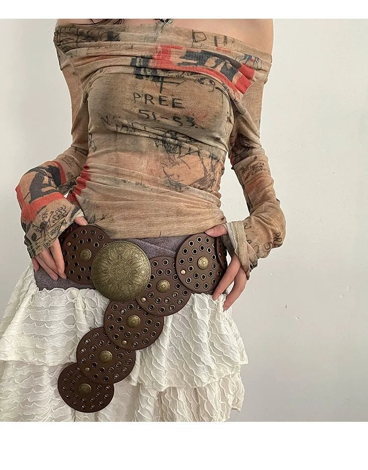 Spice Girl Y2K Harajuku Style Vintage Rivet Patchwork Design Wide Belts For Women High Street Faux Leather Waistband cinturones - AMULET RING STORE