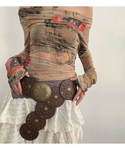 Spice Girl Y2K Harajuku Style Vintage Rivet Patchwork Design Wide Belts For Women High Street Faux Leather Waistband cinturones - AMULET RING STORE