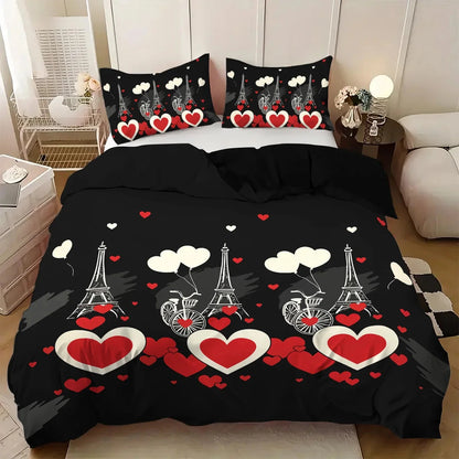 3pcs Heart pattern printed bedding set,1 quilt cover+2 pillowcase, suitable for couples and adults bedroom, home decoration - AMULET RING STORE