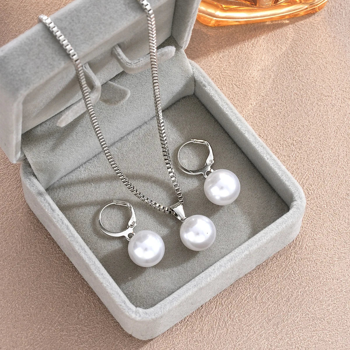 LATS 3 Pcs/Set Round Pearl Pendant Necklace For Women Exquisite Fashion Rhinestone Double  Earring Wedding Jewelry Set Gift