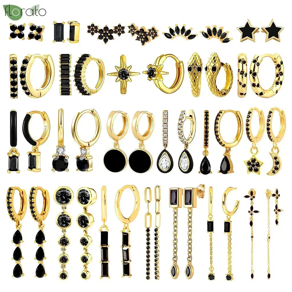 925 Sterling Silver Needle Fashion Round Pendant Small Earrings Luxury Gold Hoop Earrings for Women Premium Black Jewelry Gifts - AMULET RING STORE