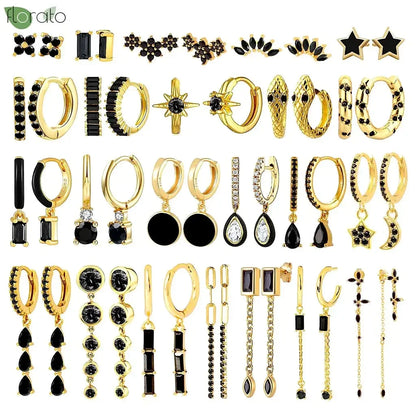 925 Sterling Silver Needle Fashion Round Pendant Small Earrings Luxury Gold Hoop Earrings for Women Premium Black Jewelry Gifts - AMULET RING STORE