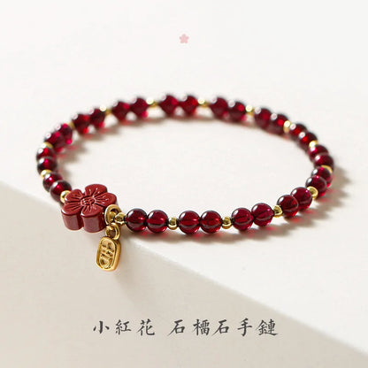Ruifan Flower Natural Cinnabar Garnet Gold Color Beads Beaded Thin Bracelets for Women Fine Jewelry Accessories Wholesale YBR774