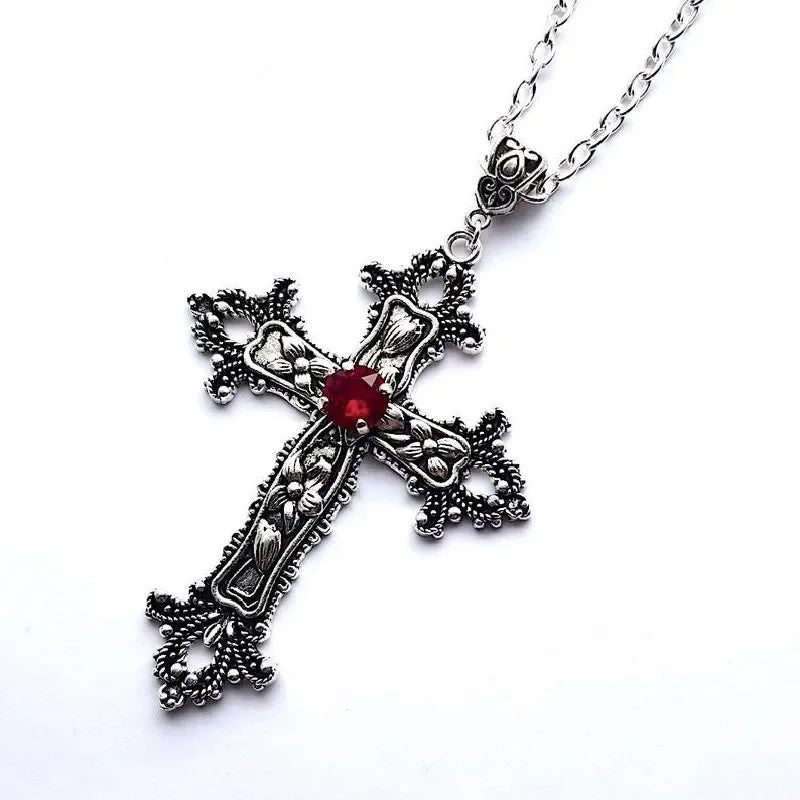 Large Detailed Cross Black Drill Jewel Necklace Silver Color Tone Pendant Goth Punk Jewellery Fashion Charm Statement Women Gift - AMULET RING STORE
