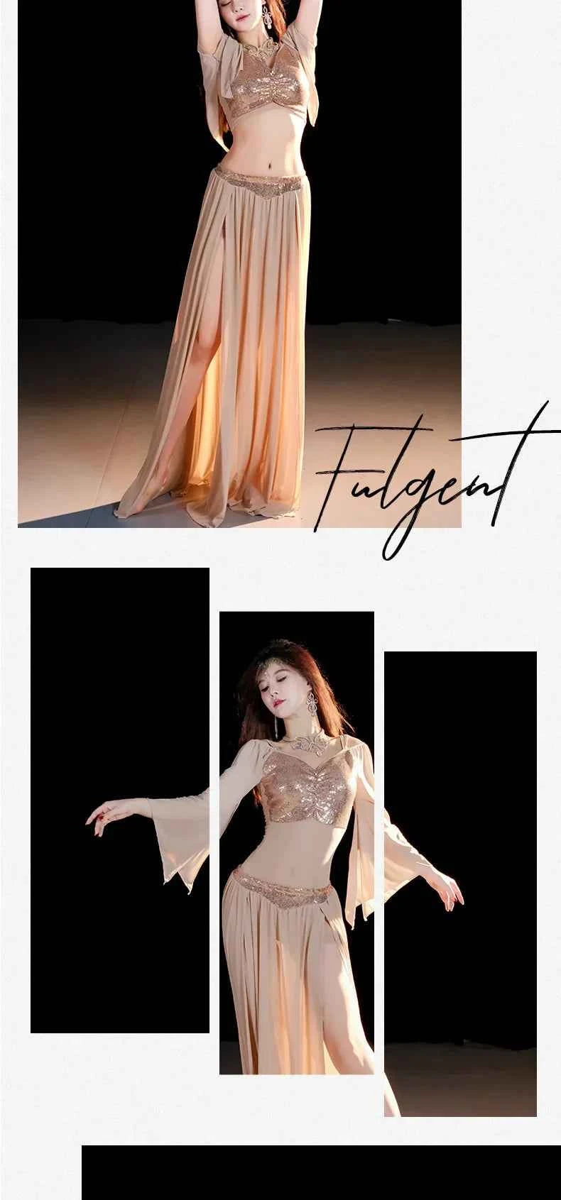 Belly Dancing Wear Outfit for Women Mesh Long Sleeves Top+gauze Long Skirt 2pcs Training Set Oriental Belly Dance Costume Set