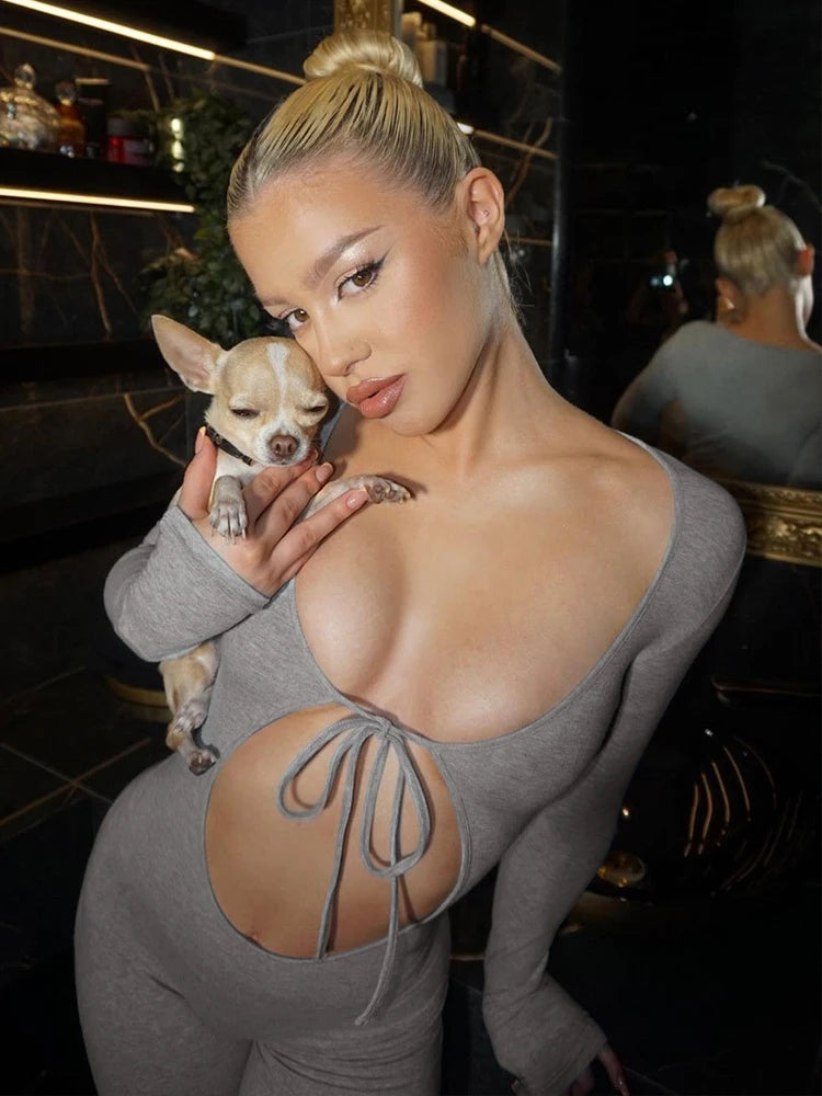 Dulzura Solid Pure Hole Hollow Out Straps Lace-Up Jumpsuit Long Sleeves 2023 Summer Autumn For Women Sexy Streetwear Wholesale - AMULET RING STORE