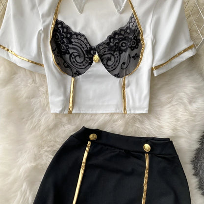 Women Sexy Hollow Skirts Suits Lace Patchwork Turn-down Collar Tops Mini Skirt Underpants 3 Pieces Erotic Pajamas Sets Cosplay - AMULET RING STORE