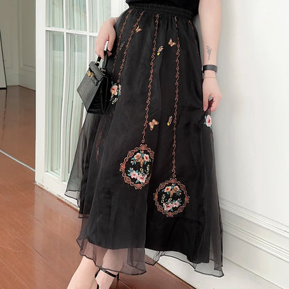 Chinese Style Retro Long Skirt Flowers Embroidered Summer Fairy Skirt Elastic Waist Gauze Skirt Party Lady A-line Skirts