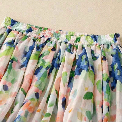 French Floral Oil Painting Elegant Chic Elastic High Waist A-line Women's Skirt Mid-Calf Long Skirts For Women Clothing Fashion