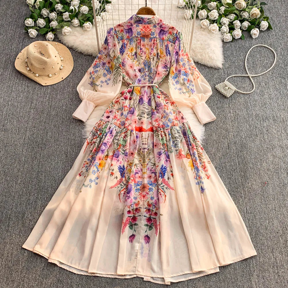 Faionable Print Long Dr Women's Spring Belted Waist Pleated Lantern Sve Turn-down Collar Dr Korean Sle Commute