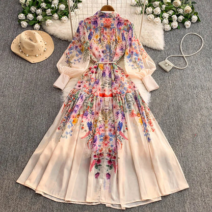 Faionable Print Long Dr Women's Spring Belted Waist Pleated Lantern Sve Turn-down Collar Dr Korean Sle Commute