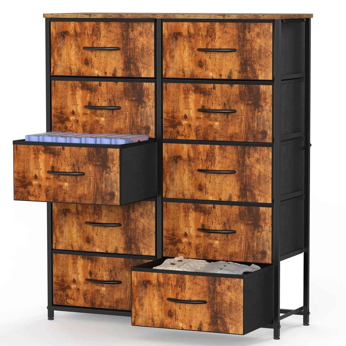 JHK Bedside Table For Bedroom With 10 Fabric Drawers Wardrobe Steel Frame Closet For Storage Cabinet Living Room Of Furniture