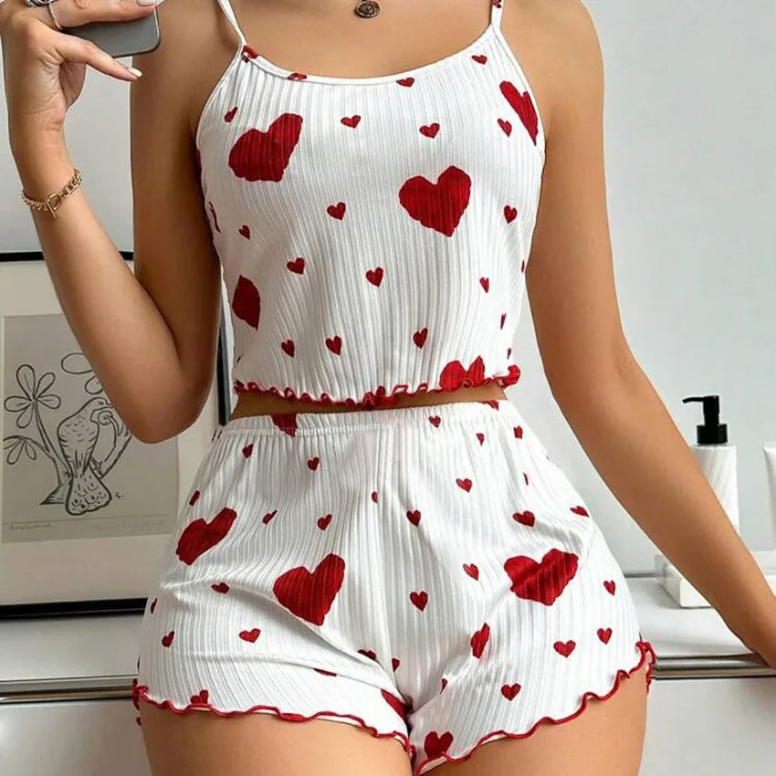 Women's Pajamas Set Sleepwear 2 PCS Short Tank Tops And Shorts S M L White Ventilate Soft Casual Love Printing - AMULET RING STORE