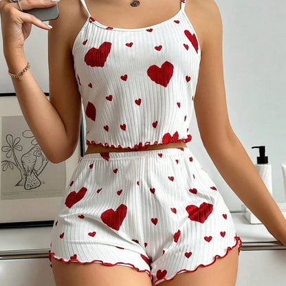 Women's Pajamas Set Sleepwear 2 PCS Short Tank Tops And Shorts S M L White Ventilate Soft Casual Love Printing - AMULET RING STORE