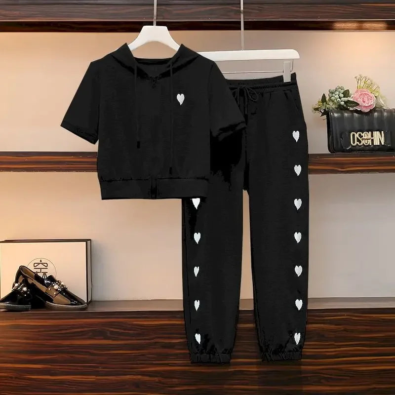 Womens T Shirts Sets Fashion Short Hooded Sports Casual Suits 2024 Summer Trend Slim Short Sleeve Tops Sweatpants Two Piece Set - AMULET RING STORE