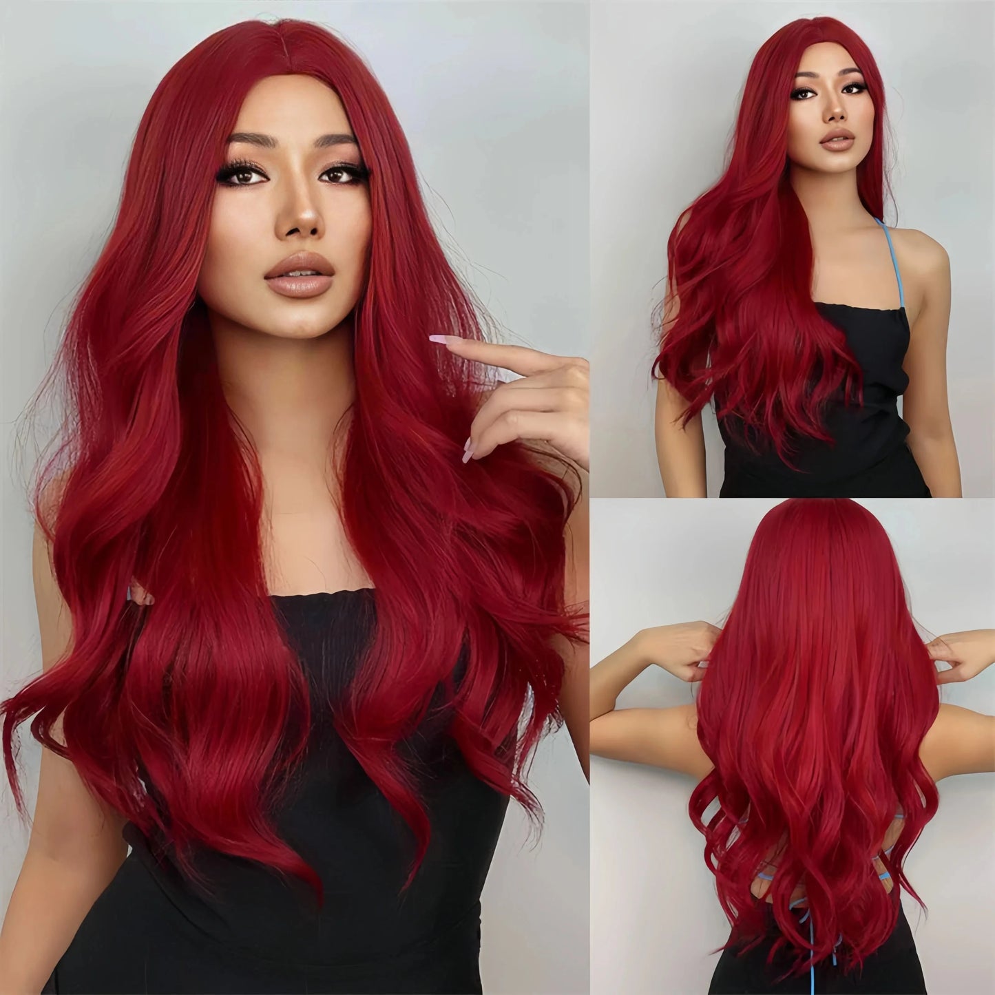 Red wine color synthetic wig with long curly hair, full head of wig, party, daily use, high-temperature hair wig - AMULET RING STORE