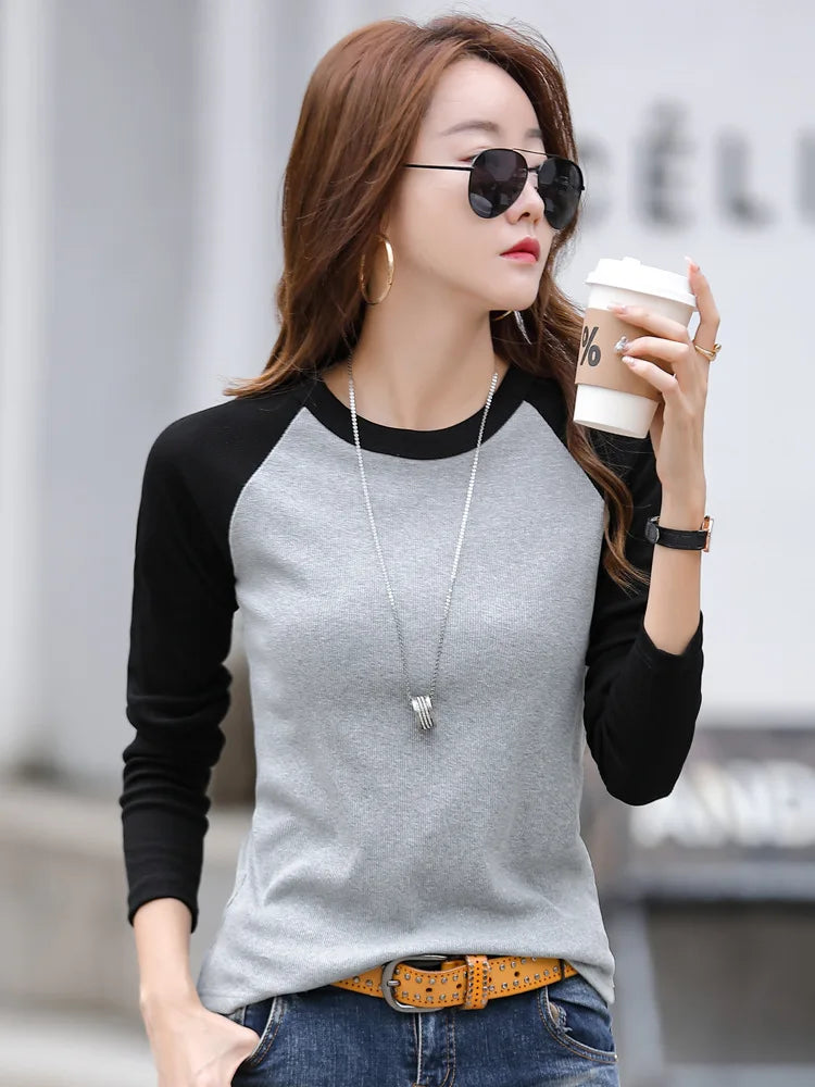 Cotton Slim T Shirt Women Contrast Color Womens Shirt Korean Fashion Clothing Long Sleeve Top 2024 Spring Autumn Tee Shirt Femme