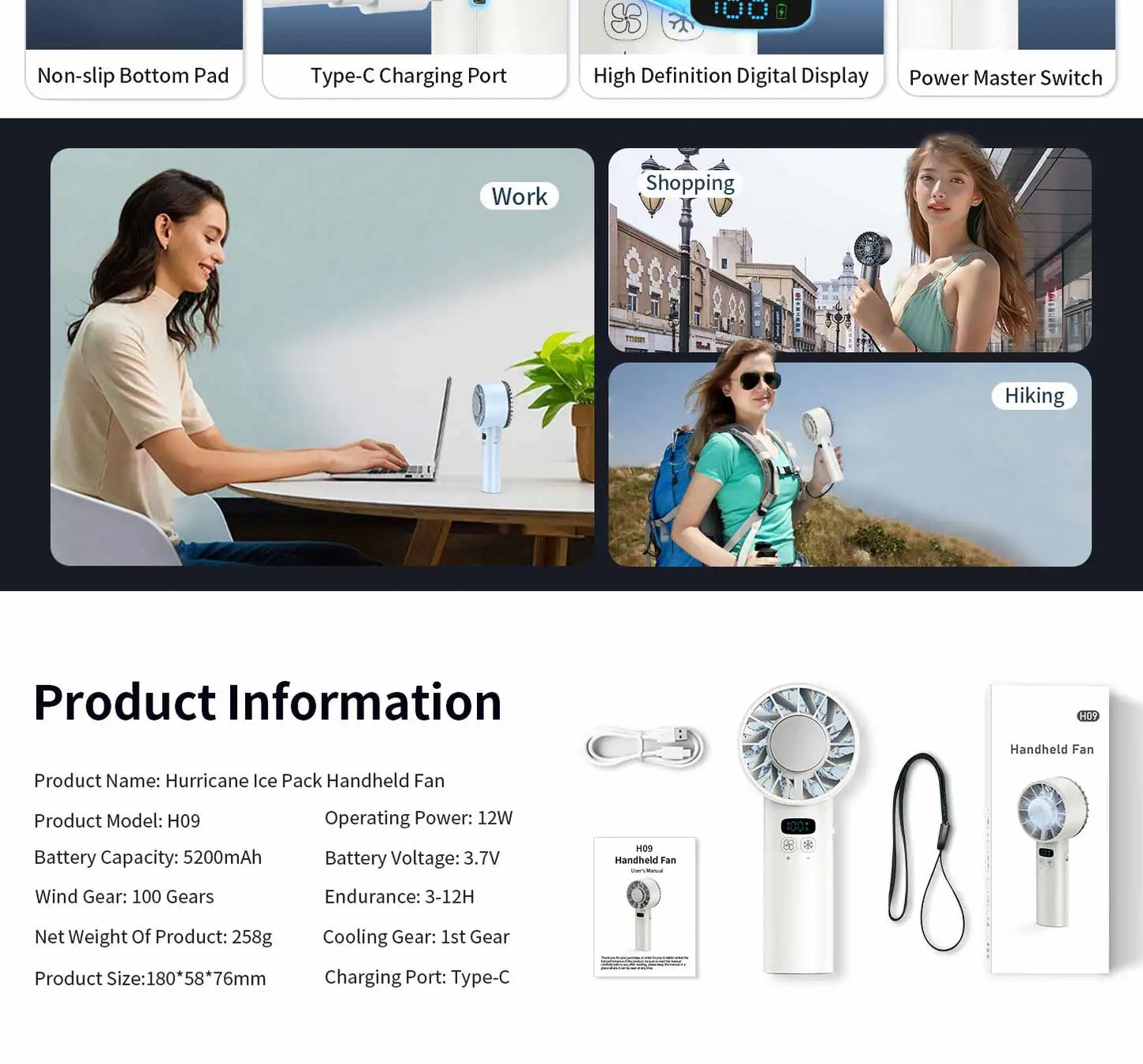 Large capacity handheld fan 5200 mAh High speed refrigeration handheld fan 100 speed outdoor mini fan USB charging portable fan