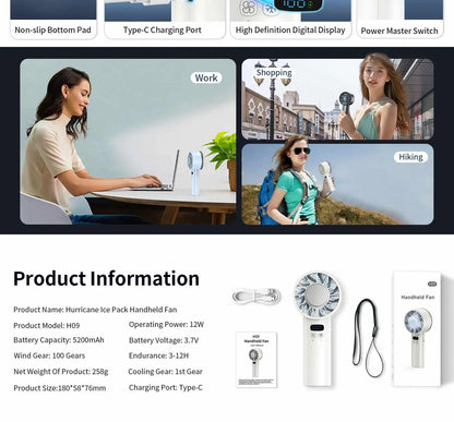 Large capacity handheld fan 5200 mAh High speed refrigeration handheld fan 100 speed outdoor mini fan USB charging portable fan