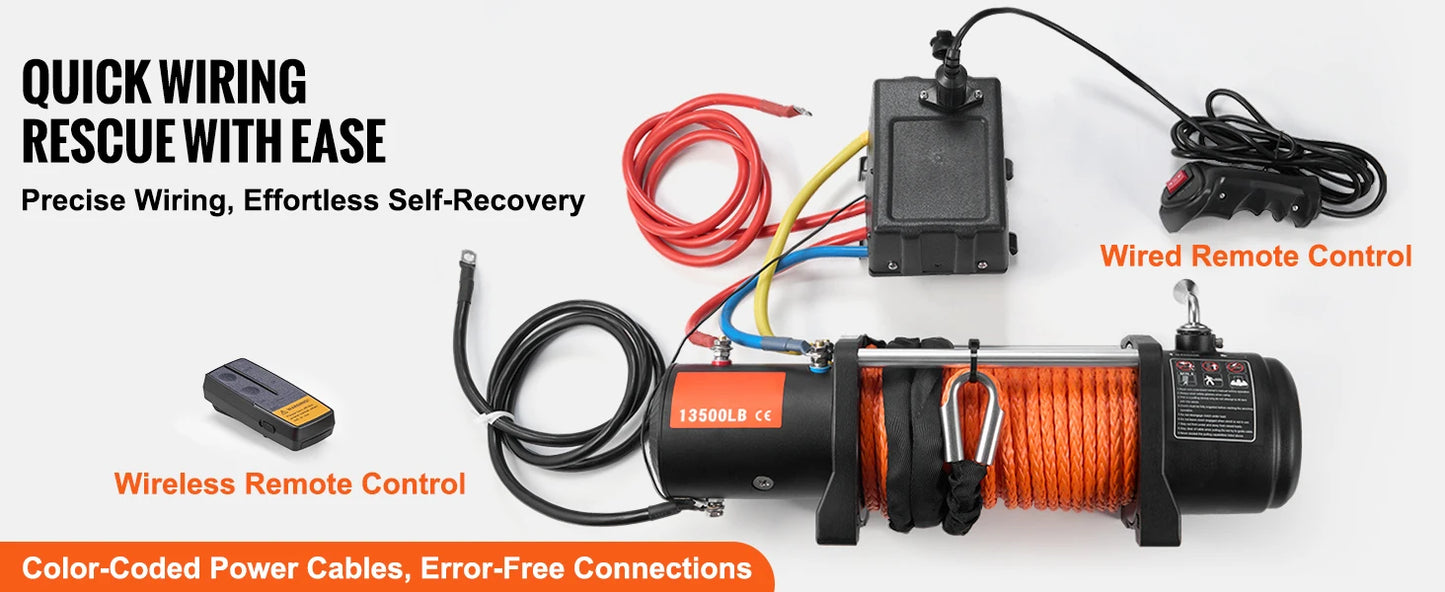 VEVOR 13500lbs Electric Winch Car Truck Winch with 80ft Synthetic Rope Wireless & Wired Remote Control for Towing Off-Road SUV - AMULET RING STORE