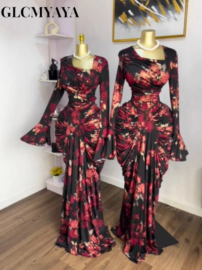 CM.YAYA Women Tie Dye Printed Skew Neck Long Sleeve Ruched Stacked Maxi Long Dress 2025 Fall Evening Birthday Sexy Party Dresses