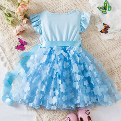 Toddler Baby Girls Clothes Elegant Floral Print Tulle Dress Summer Kids Princess Party Birthday Dress Butterfly Solid Mesh Dress