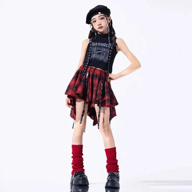 Hip Hop Girls Crop Top Plaid Street Dance Skirt Kids Ribbon Pleated Skirts Teens Jazz Cool Costumes Child Streetwear Clothes Set