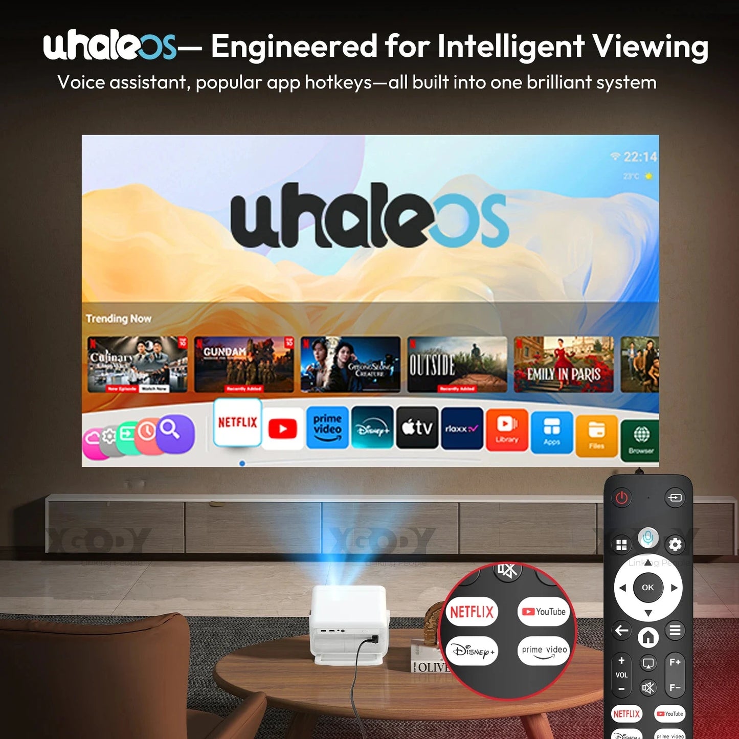 XGODY Projector N6 Pro Netflix Officially 4K Voice Control Smart Android TV Whale OS 32GB ROM for Outdoor Movie Home Theater