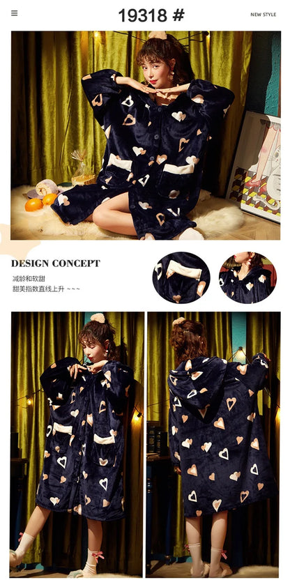 2024 Winter Pajamas For Women Cartoon Hooded Long Robe Strawberry Jacket Cute Home Wear Sleepwear Kawaii Flannel Warm Bathrobe - AMULET RING STORE