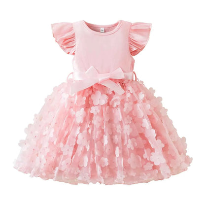 Toddler Baby Girls Clothes Elegant Floral Print Tulle Dress Summer Kids Princess Party Birthday Dress Butterfly Solid Mesh Dress