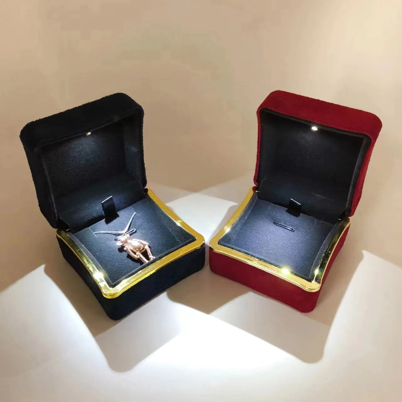 New in LED Light Jewelry Box Ring Earrings Earnail Pendant Organizer Imitation Leather Velvet Decorative Gold Frame Storage Box - AMULET RING STORE