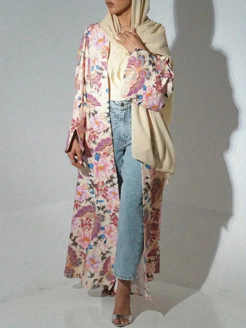 Middle Eastern Loose Printed Floral Abaya Muslim Full Sleeve Open Front Abayas Women Jilbabs Islamic Maxi Dresses Turkey Kaftans - AMULET RING STORE